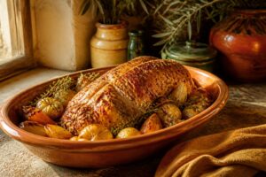 Rôti de dinde doré au four dans un plat en terre cuite provençale avec herbes et légumes rôtis