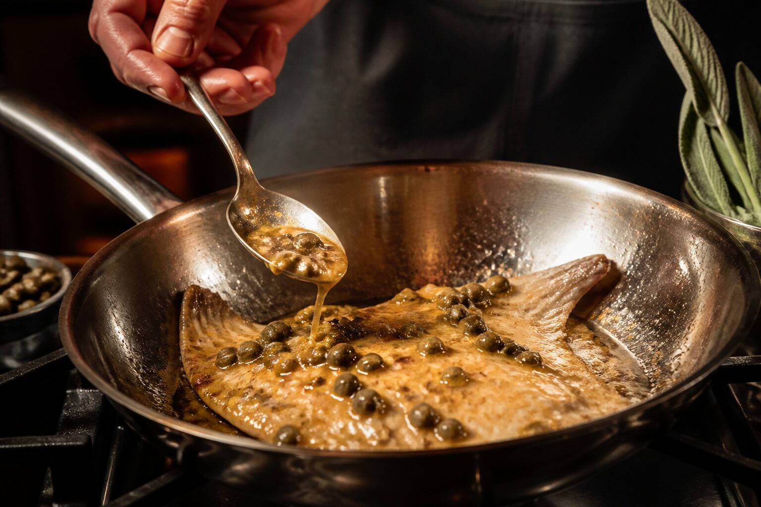 Sauce au beurre et aux câpres versée sur une aile de raie à la poêle