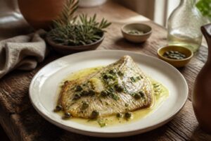 Recette aile de raie pochée sauce câpres et citron dans une assiette provençale
