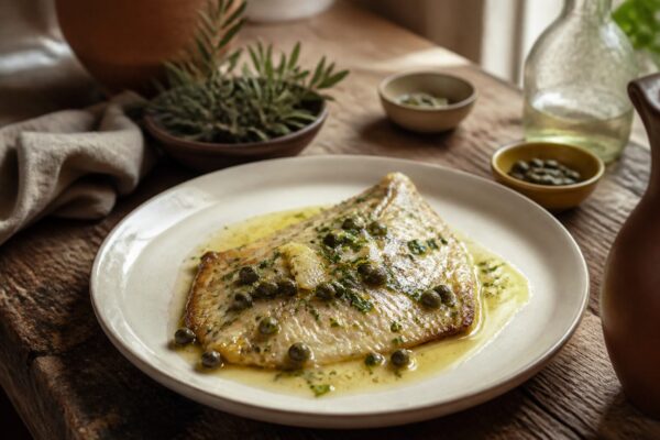 Recette aile de raie pochée sauce câpres et citron dans une assiette provençale
