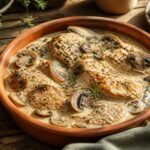 Recette avec blanc de poulet à la crème et aux champignons, servie dans un plat en terre cuite