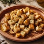Recette céleri rave rôti au four sur plat terracotta avec huile d'olive et thym