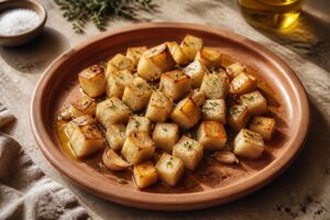 Recette céleri rave rôti au four sur plat terracotta avec huile d'olive et thym
