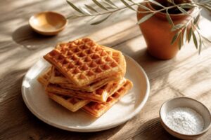 pile de gaufres traditionnelles dorées et croustillantes sur assiette en céramique