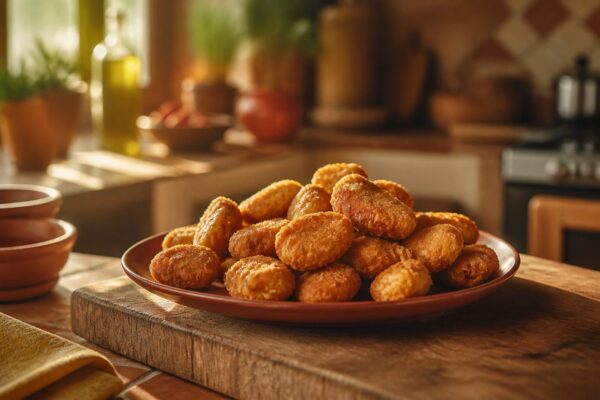 Assiette de nuggets de poulet maison dorés et croustillants sur une table de cuisine