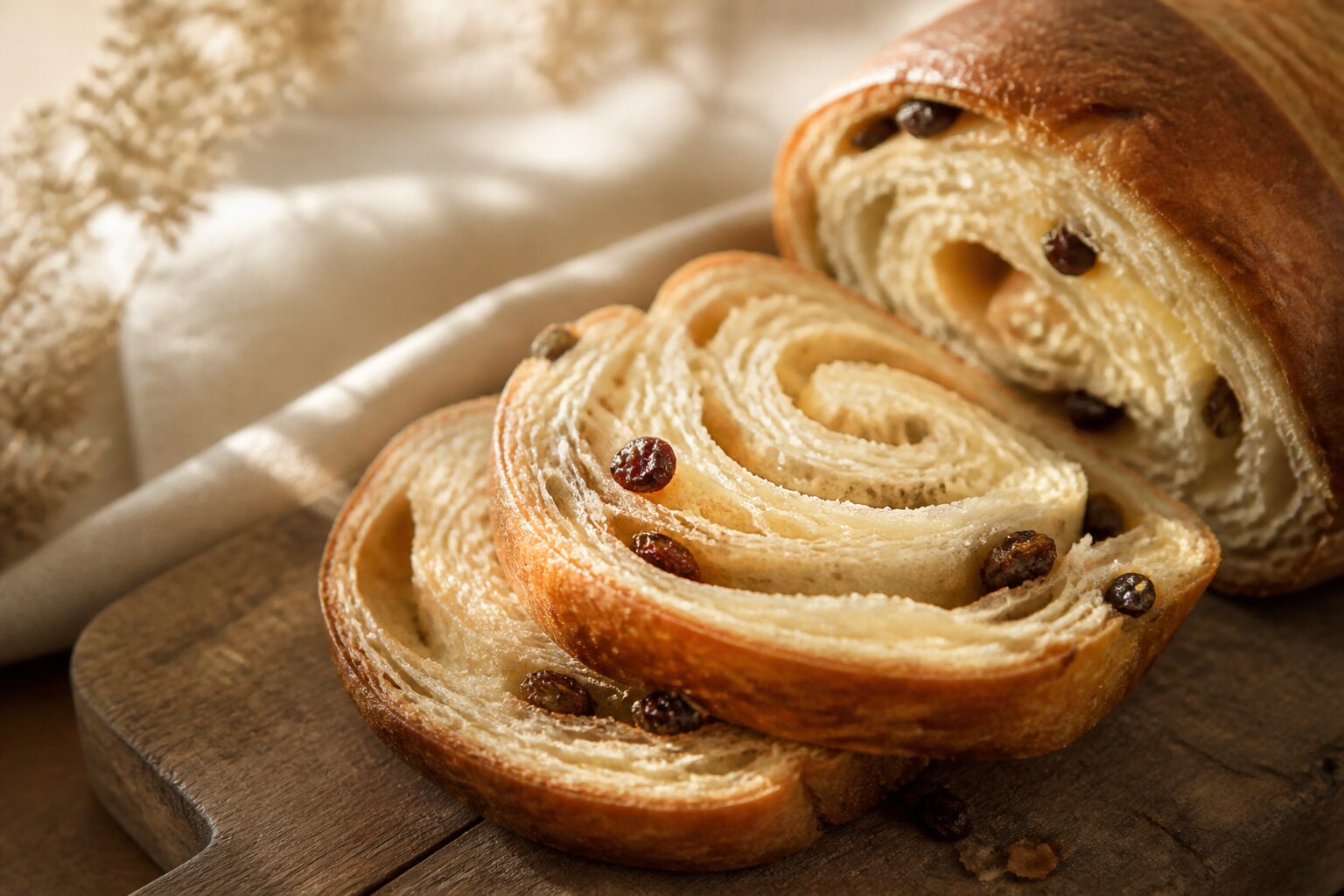 Recette pain aux raisins moelleux : spirale crémeuse tranchée sur planche en bois