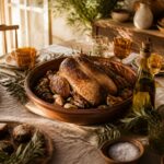 Table de fête provençale pour Noël avec chapon rôti, huile d'olive AOP et herbes