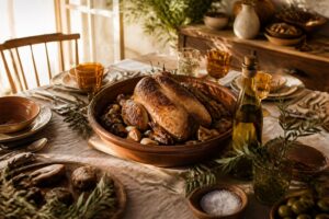 Table de fête provençale pour Noël avec chapon rôti, huile d'olive AOP et herbes