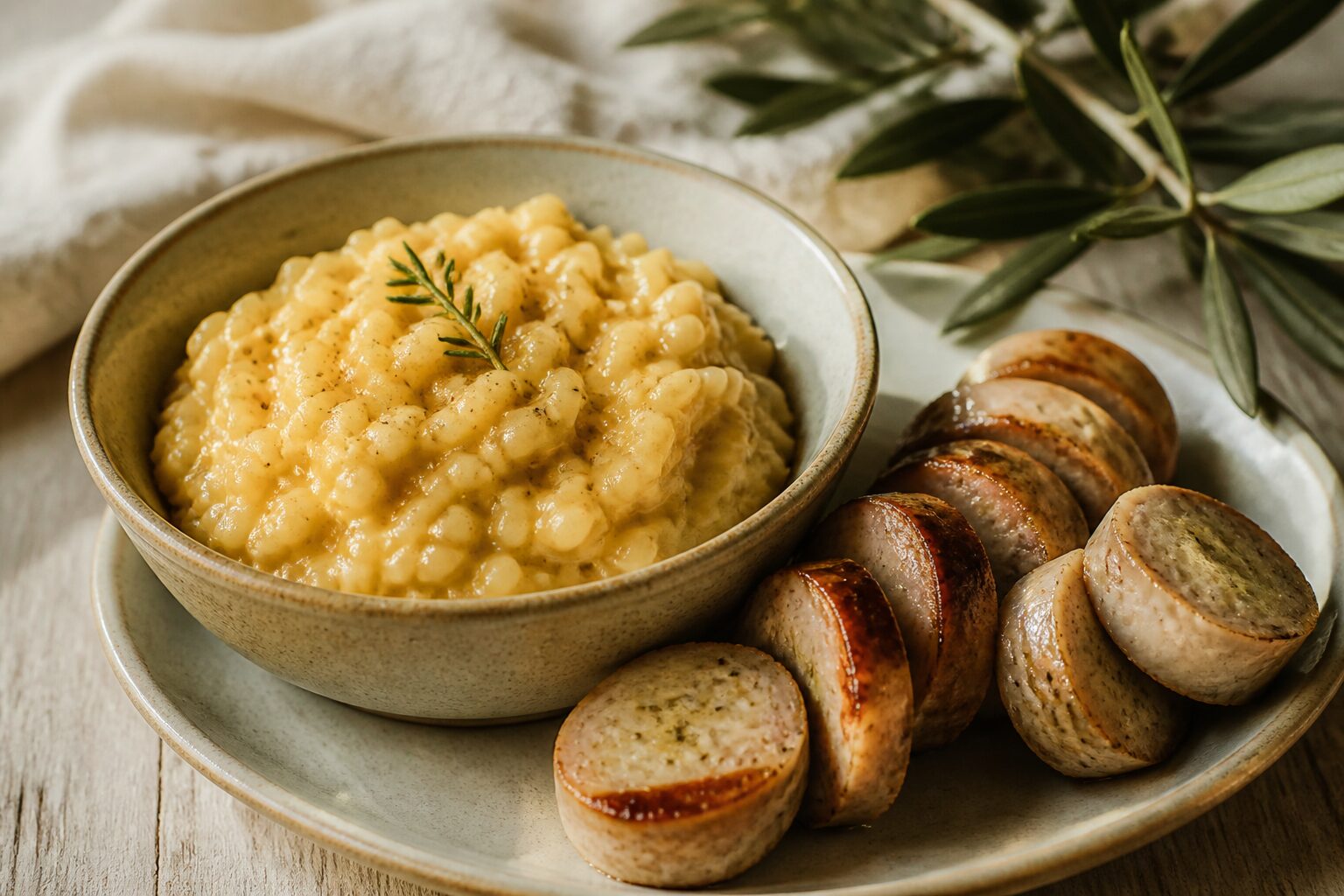 Riz de Camargue crémeux servi en accompagnement d'un boudin blanc