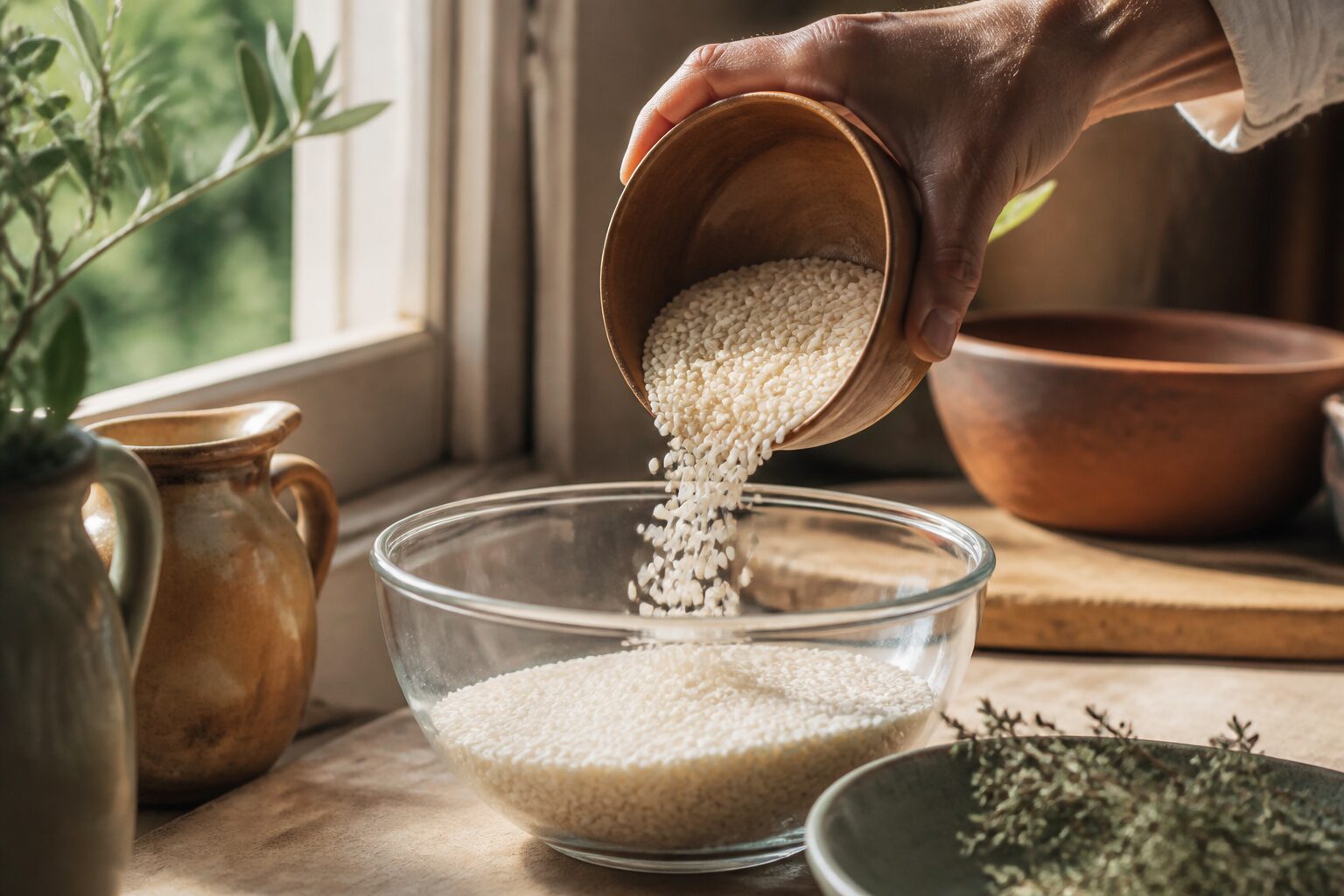 Riz rond de Camargue cru versé dans un bol avant de le faire souffler