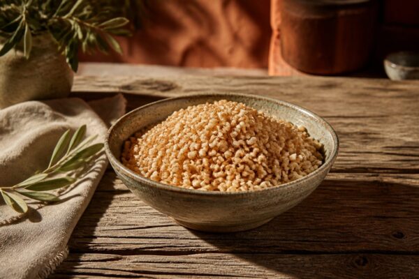 Bol de riz soufflé maison doré et croustillant sur une table en bois provençale