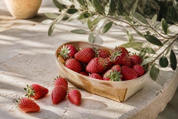 Barquette de fraises Gariguette rouges sur une table de marché provençal ensoleillé