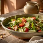 Salade de roquette au parmesan et aux pignons servie dans un saladier en céramique