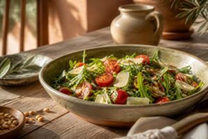 Salade de roquette au parmesan et aux pignons servie dans un saladier en céramique