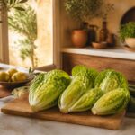 Cœurs de salade sucrine fraîchement récoltés sur une planche en bois