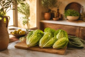 Cœurs de salade sucrine fraîchement récoltés sur une planche en bois