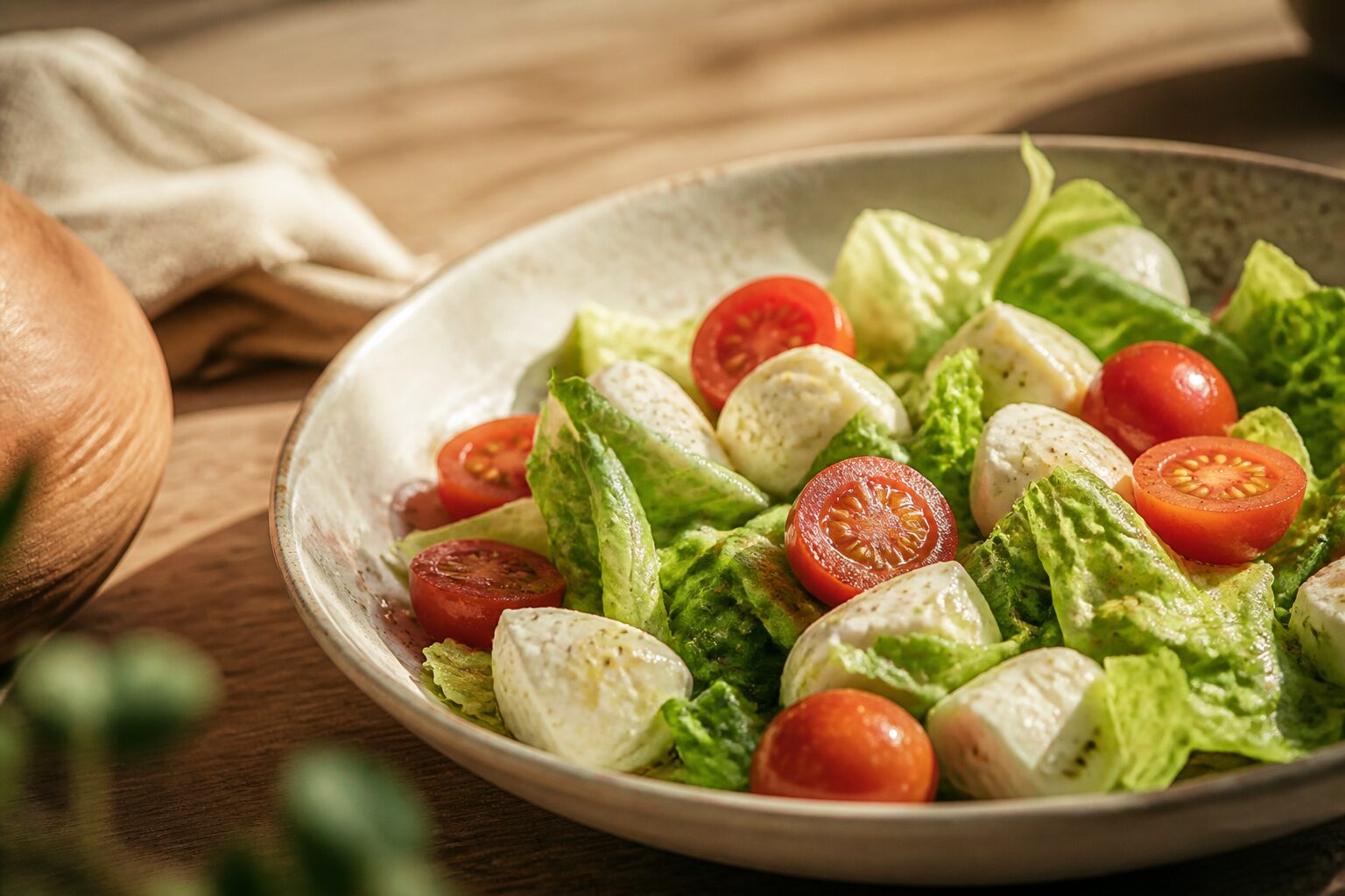 Salade composée de sucrine, tomates cerises et mozzarella
