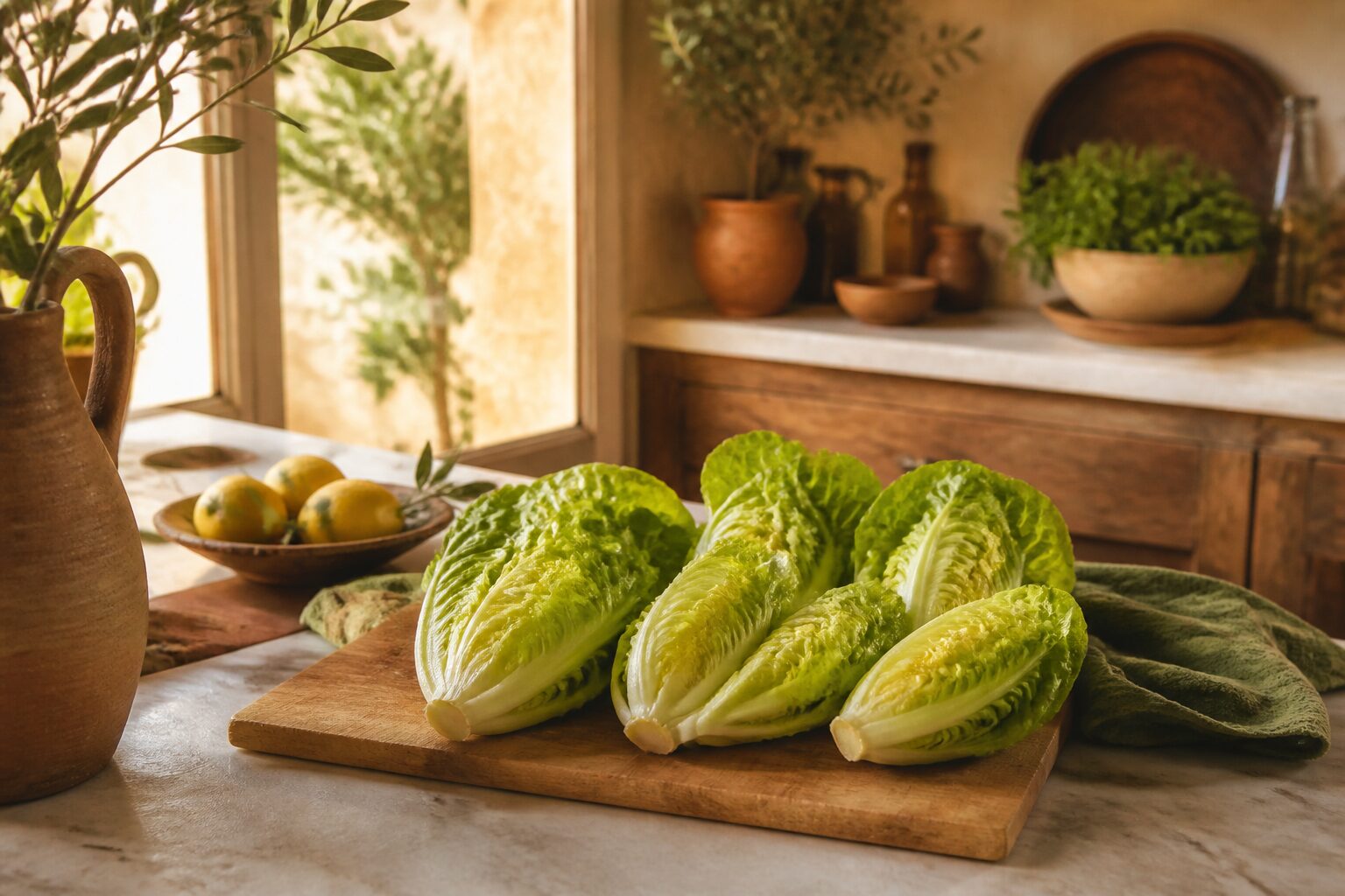 Cœurs de salade sucrine fraîchement récoltés sur une planche en bois