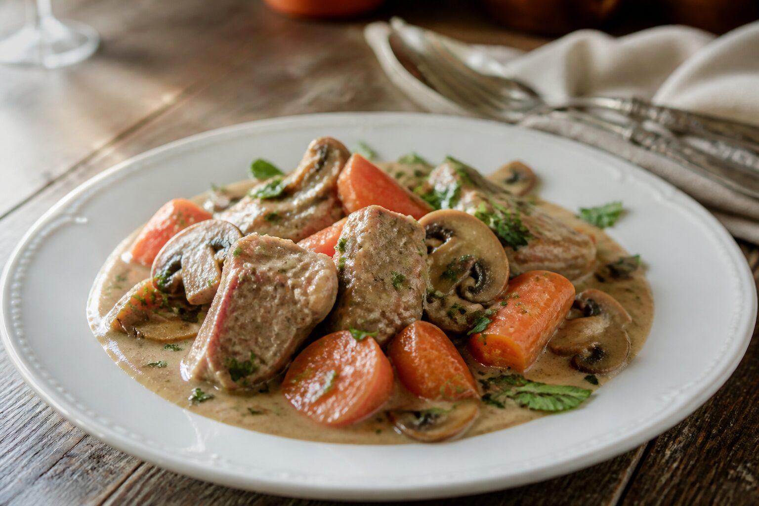 Assiette de sauté de veau grand-mère nappé de sauce avec carottes, champignons et persil frais