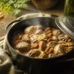 Sauté de veau grand-mère mijoté dans une cocotte en fonte avec carottes et champignons