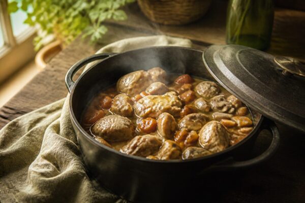 Sauté de veau grand-mère mijoté dans une cocotte en fonte avec carottes et champignons
