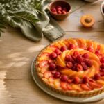 Tarte aux fruits d'été garnie de pêches, abricots, fraises et framboises