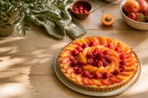 Tarte aux fruits d'été garnie de pêches, abricots, fraises et framboises