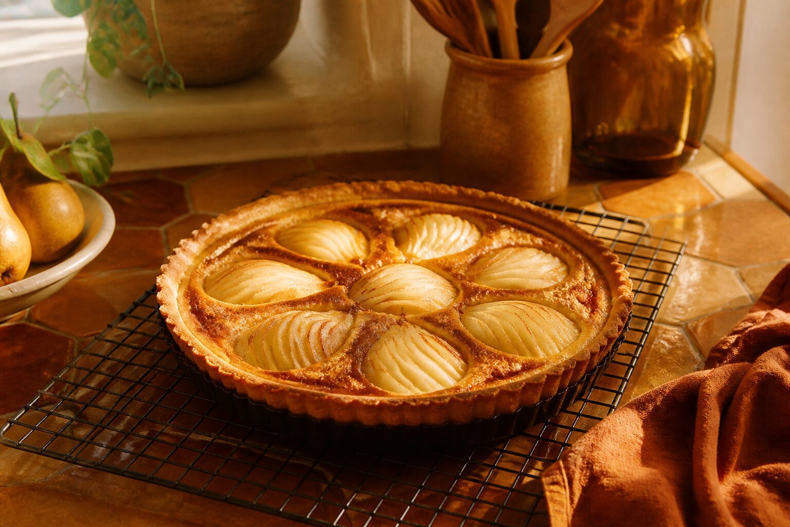 Tarte aux poires garnie de crème d'amande dorée sortant du four
