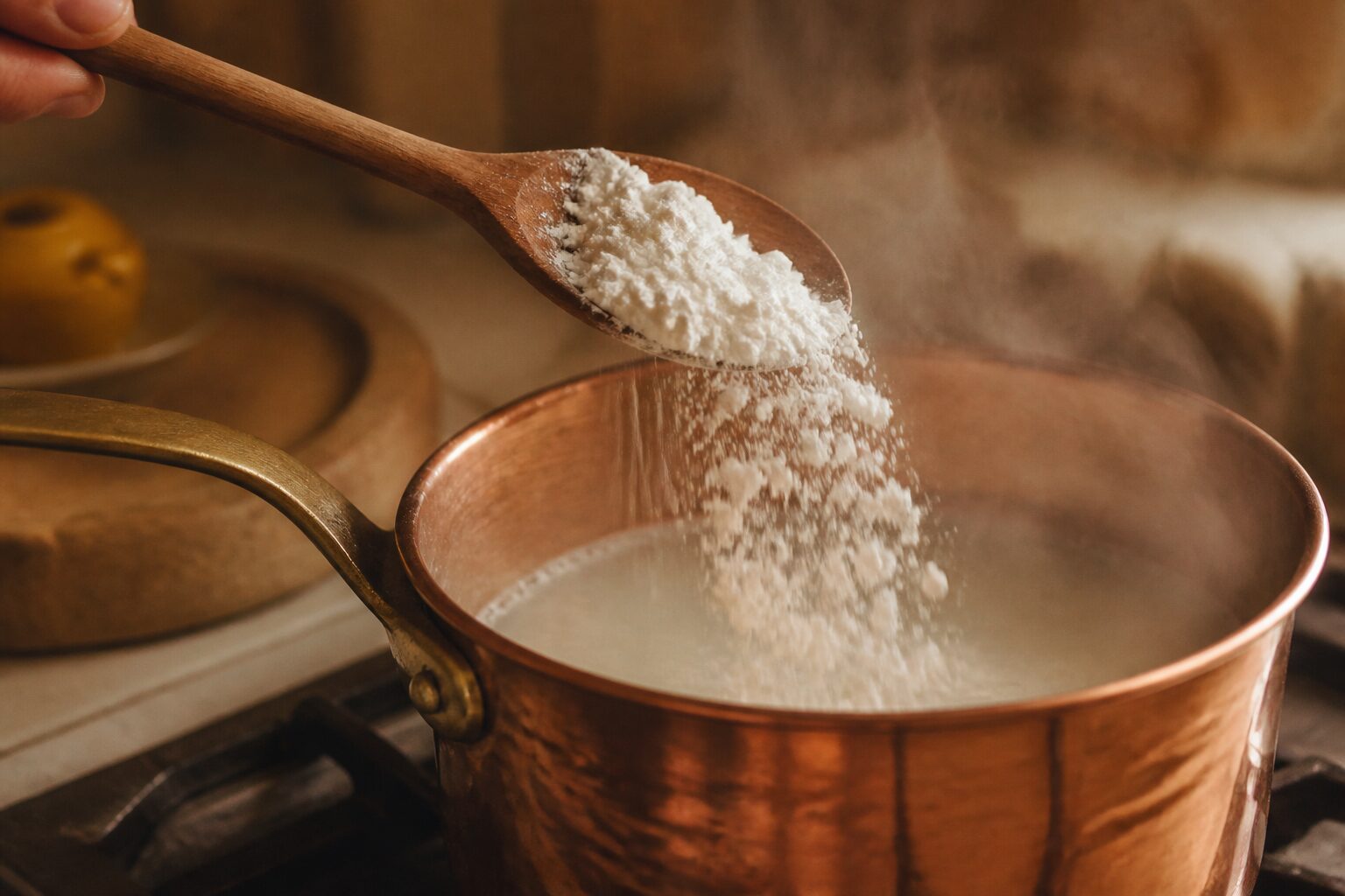 Cuillère versant de la fécule de pomme de terre dans une casserole en cuivre, utilisation en cuisine