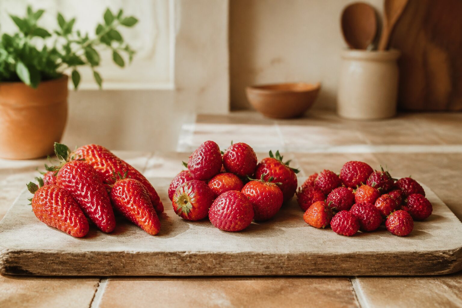 Variétés de fraises côte à côte sur une planche en bois rustique : Gariguette, Charlotte et Mara des bois