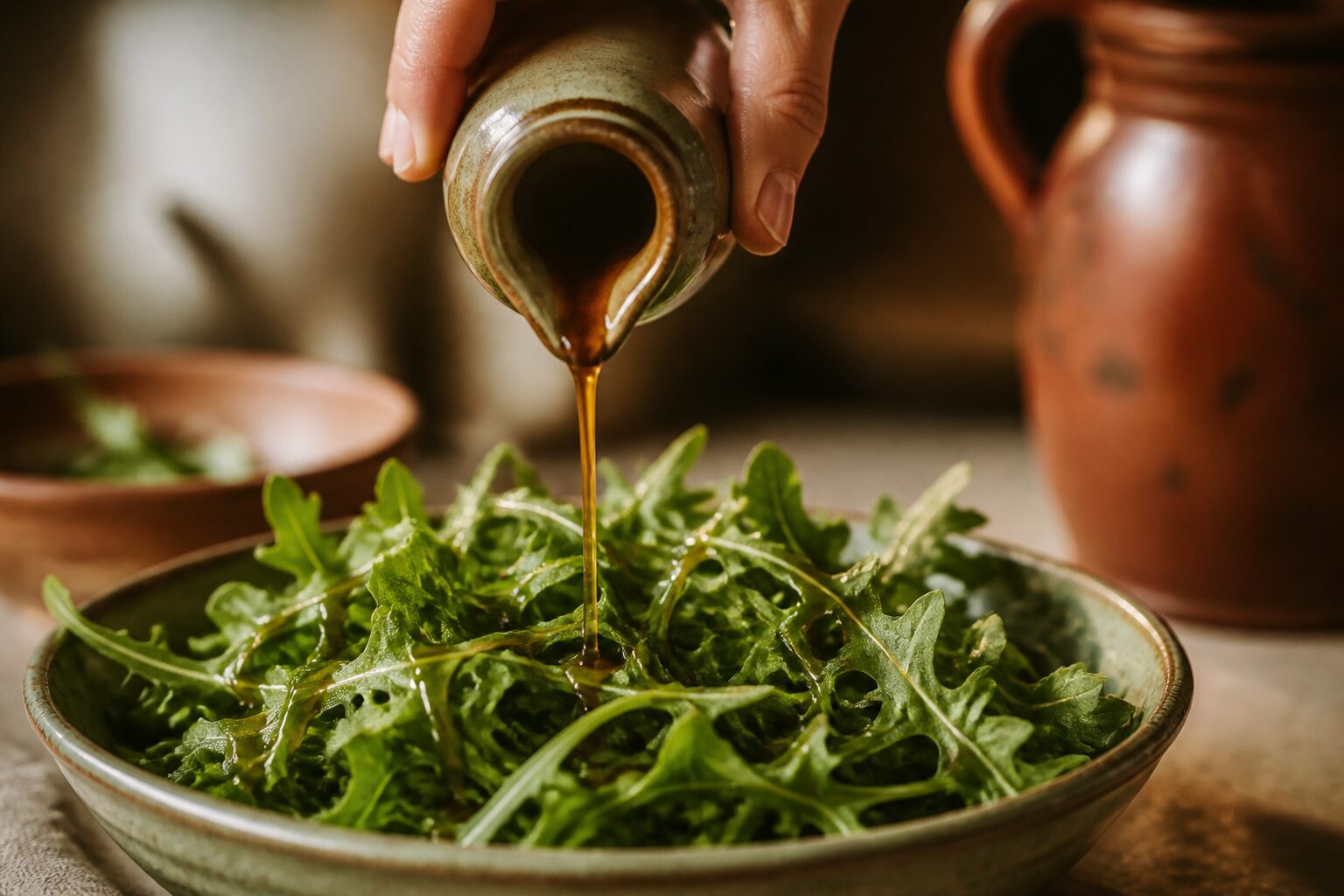 Vinaigrette au miel et au vinaigre balsamique versée sur une salade de roquette
