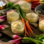 Petites verrines d'aïoli servi en entrée avec légumes croquants sur une table provençale