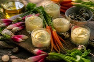 Petites verrines d'aïoli servi en entrée avec légumes croquants sur une table provençale
