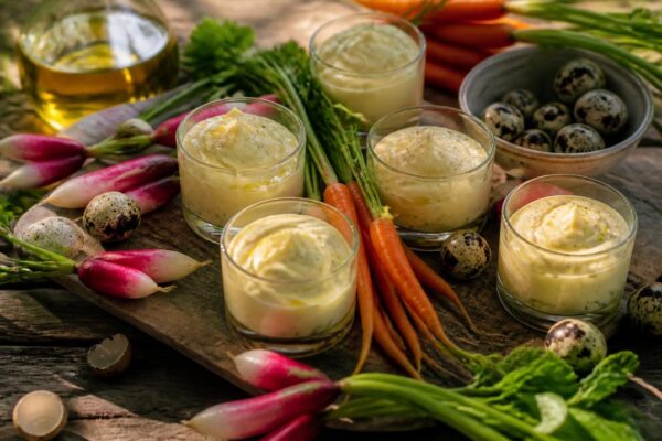 Petites verrines d'aïoli servi en entrée avec légumes croquants sur une table provençale