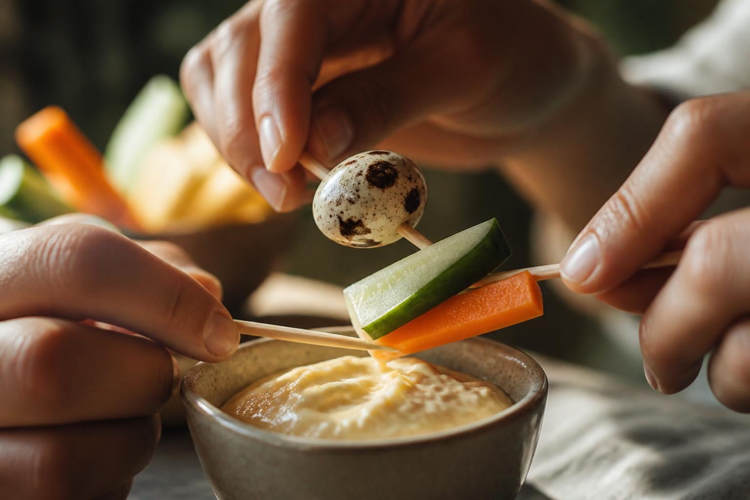 Petites verrines d'aïoli en entrée avec légumes croquants et œufs de caille
