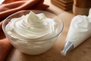 Bol de crème chantilly fraîchement montée au Thermomix avec poche à douille