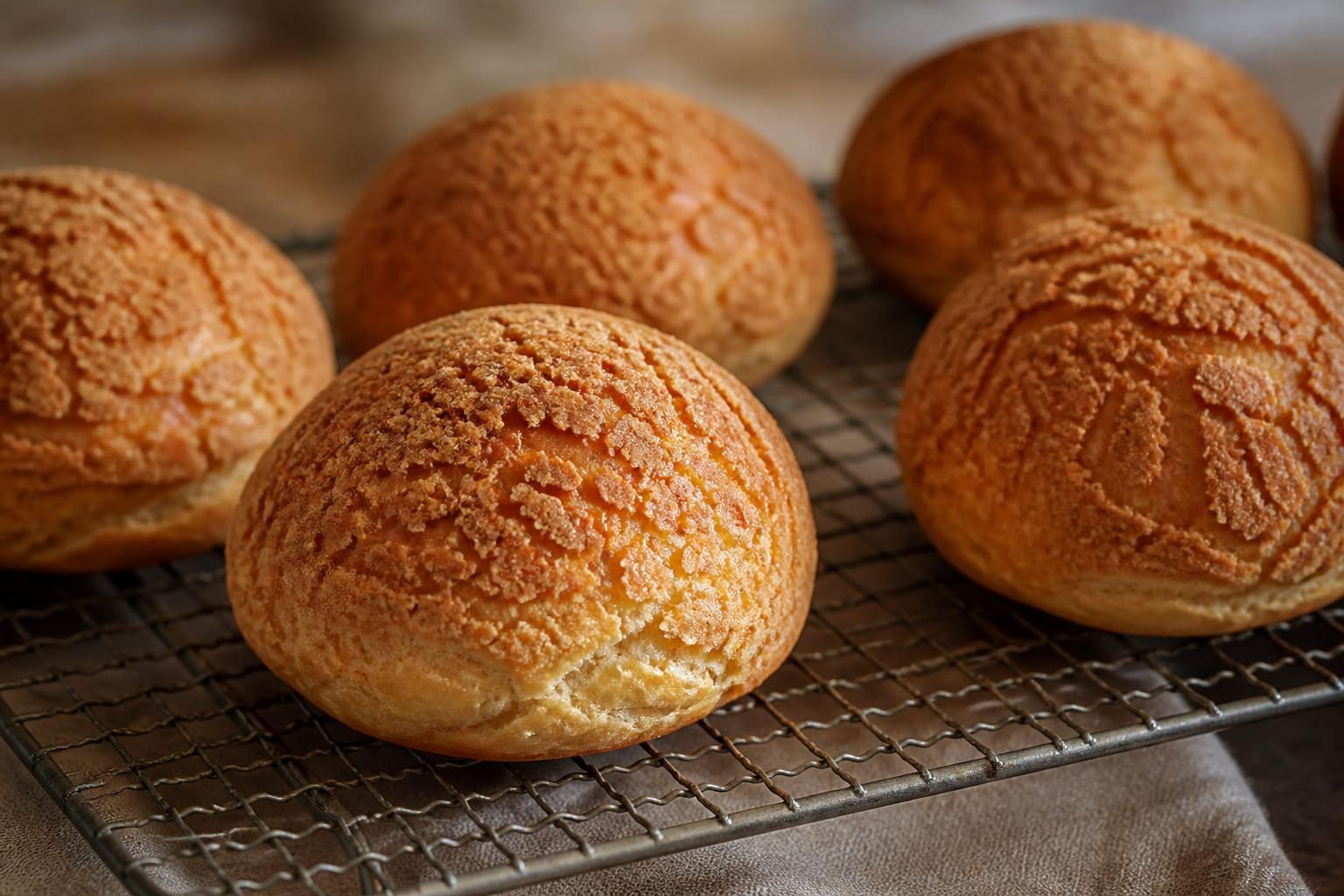 Choux craquelin dorés refroidissant sur une grille avant garnissage
