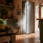 Porte de congélateur mal fermée laissant échapper du froid dans une cuisine