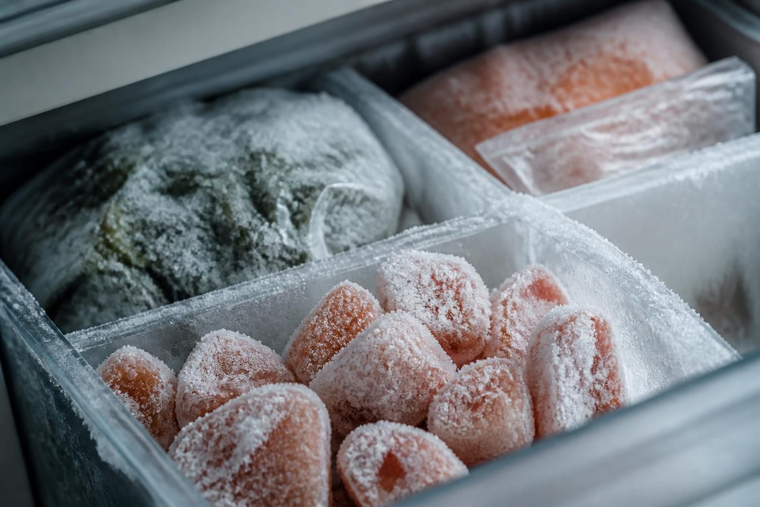 Congélateur ouvert avec aliments givrés et cristaux de glace visibles