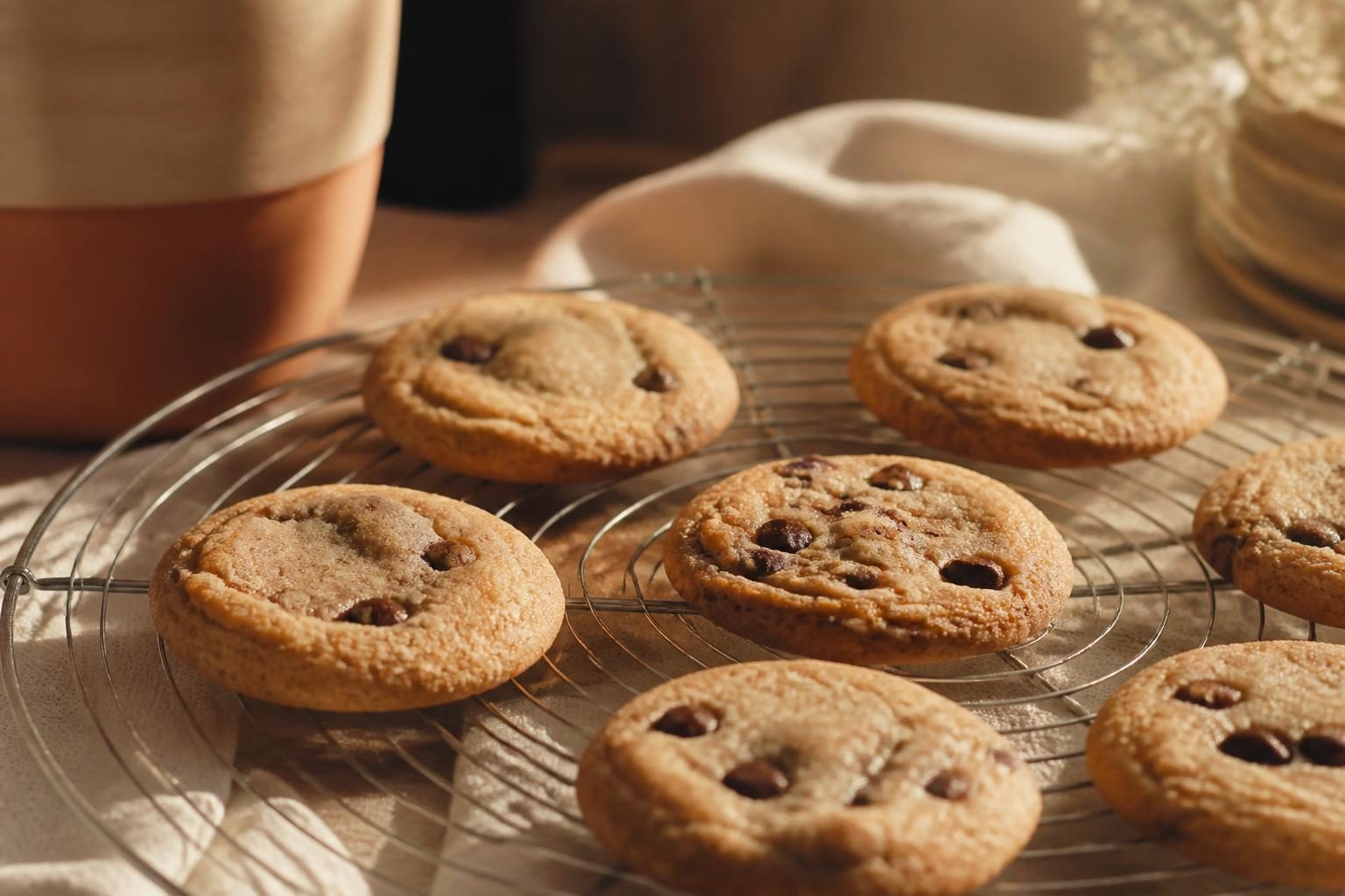 Cookies à la farine de riz et pépites de chocolat sur une grille de refroidissement