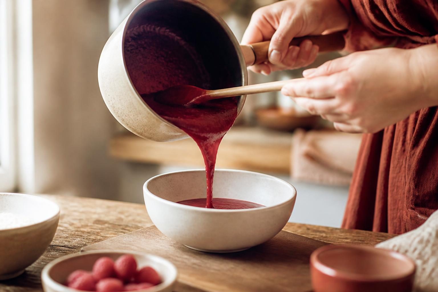 Coulis de fruits rouges préparé dans une cuisine lumineuse