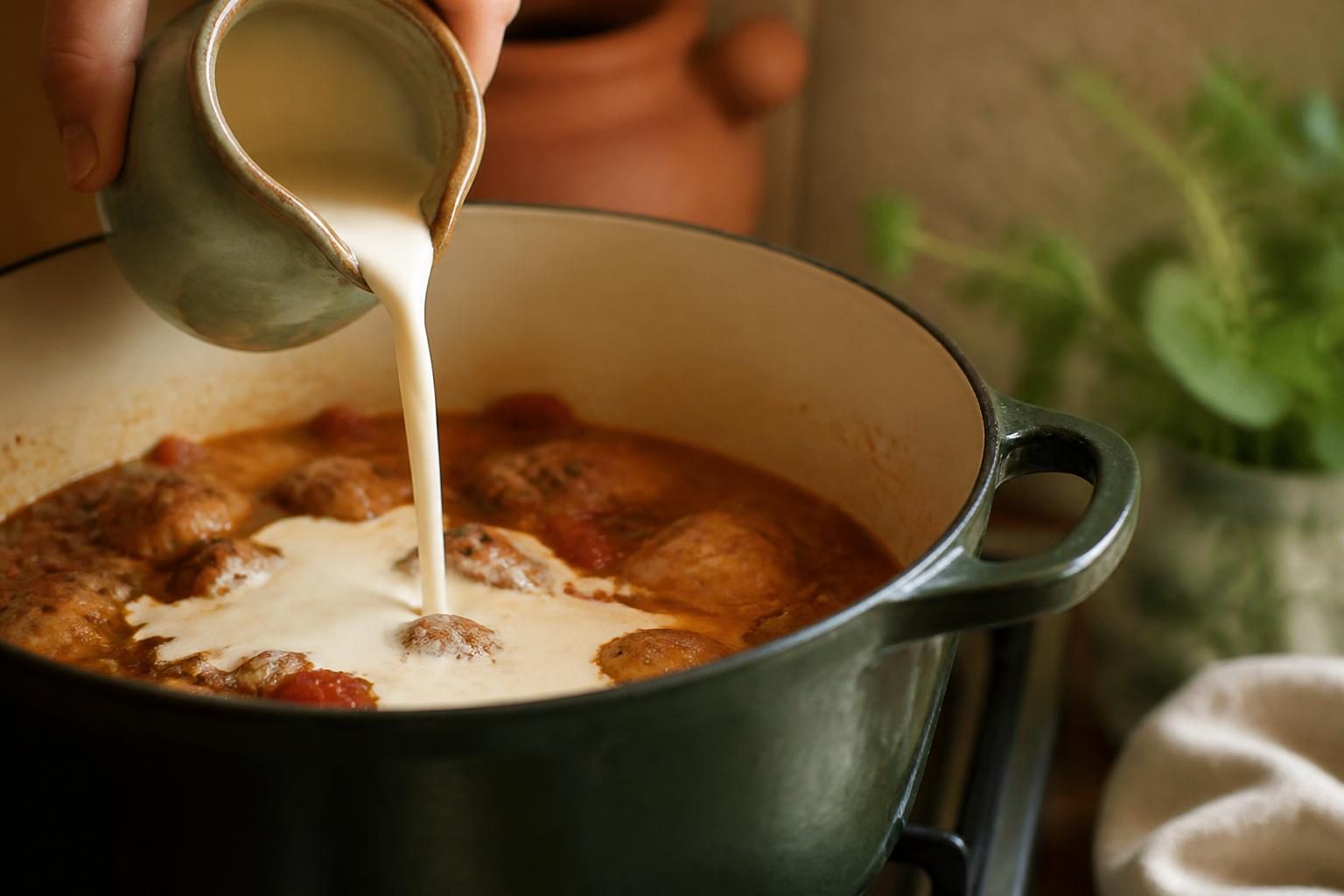 Crème fraîche liquide entière versée sur une préparation en cocotte