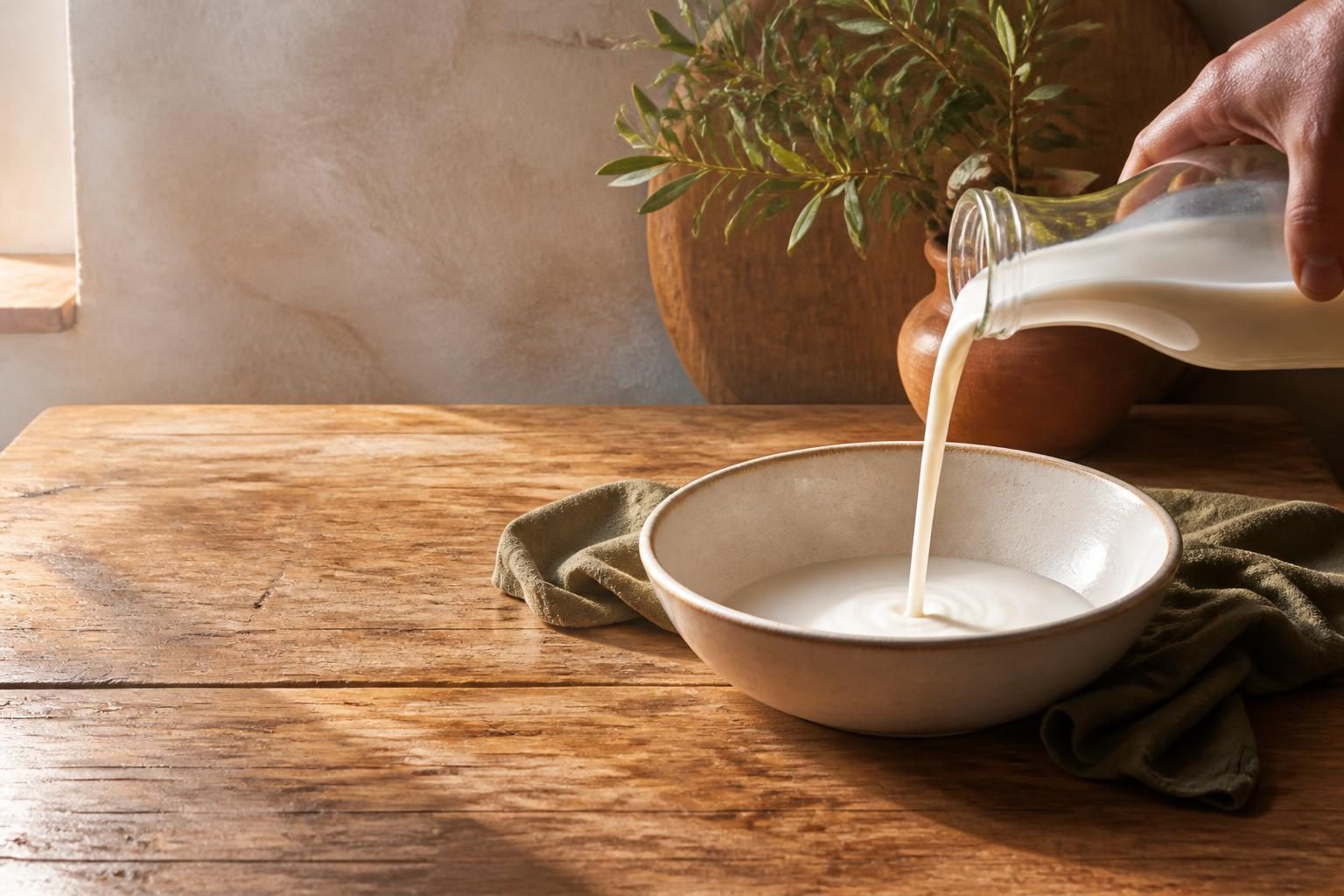 Crème fraîche liquide versée dans un bol en céramique