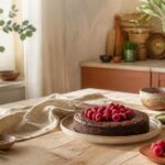Fondant au chocolat sans gluten décoré de framboises sur une table en bois clair