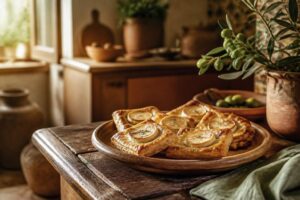 Feuilletés chèvre miel dorés sur une assiette en bois dans une cuisine du Sud