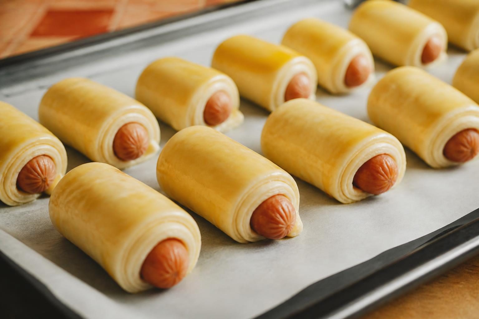 Feuilletés saucisse crus alignés sur une plaque avant cuisson, dorés au jaune d'œuf