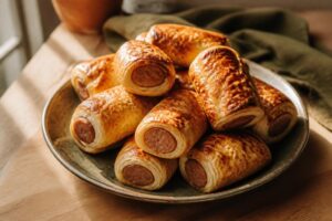 Feuilletés saucisse dorés et croustillants sur une assiette