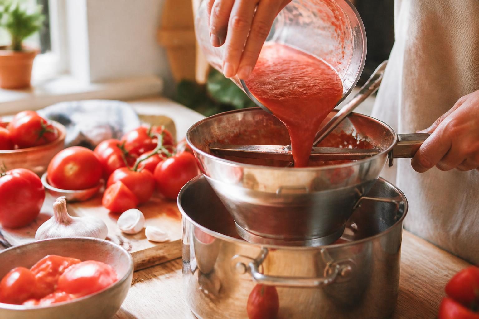 Coulis de tomates fraîchement filtré au moulin à légumes dans une cuisine