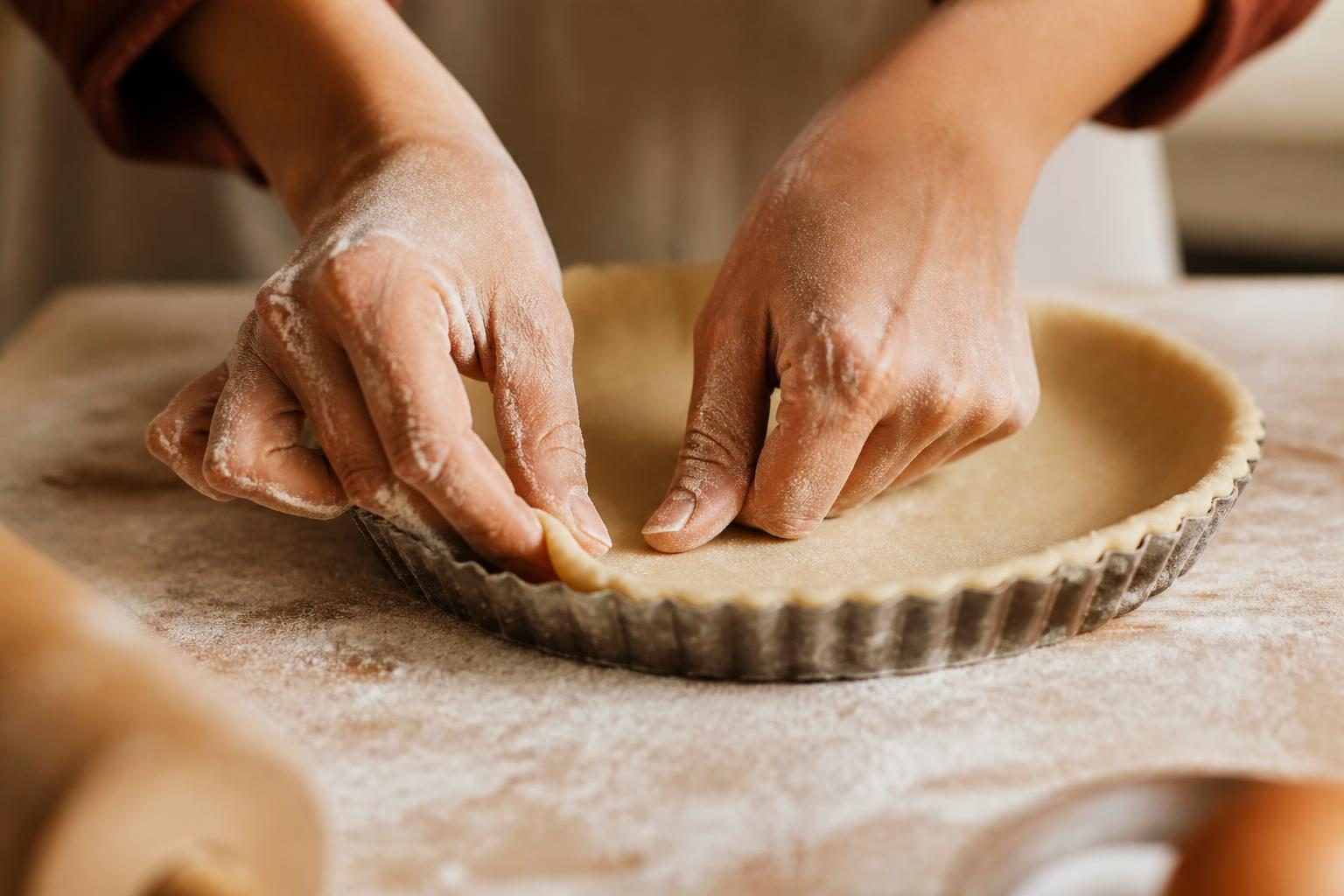 Fonçage d'une pâte sucrée dans un cercle à tarte