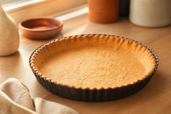 Fond de tarte sablé doré tout juste sorti du four dans son moule